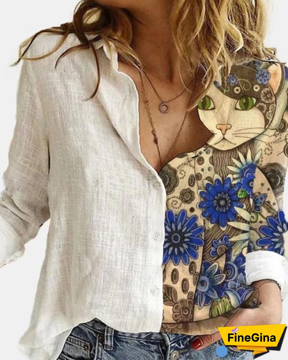 Cartoon Printed Patchwork Lapel Collar Button Long Sleeve Blouse