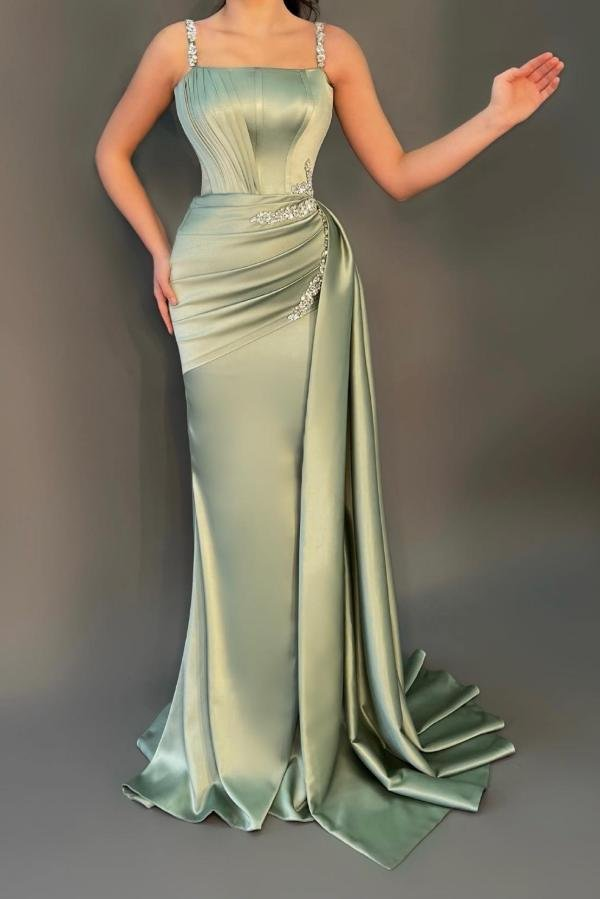 Oknass Spaghetti Strap Sleeveless Long Mermaid Prom Dress With Pleated Beading