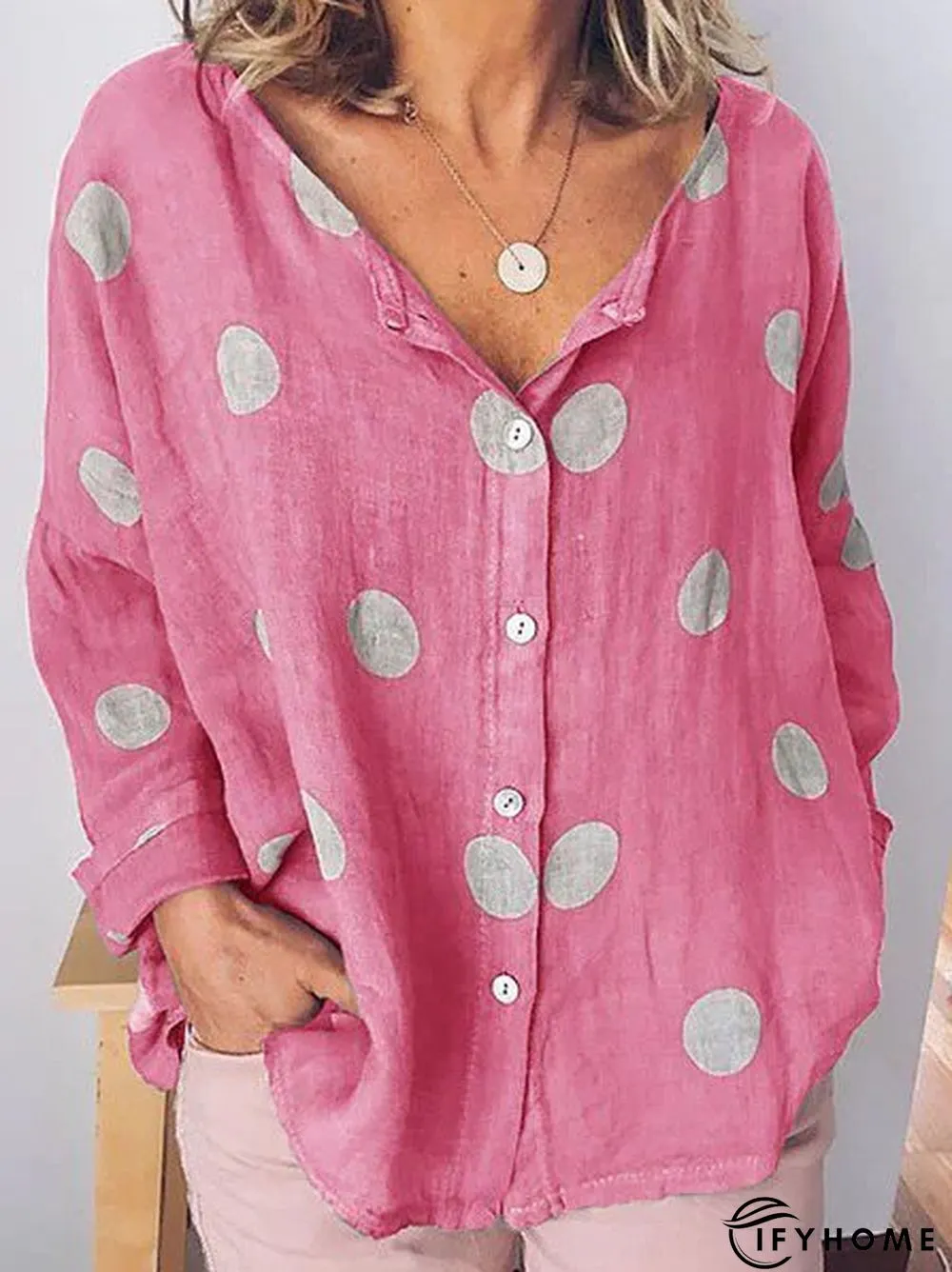 Women Polka Dots Buttoned Long Sleeve Casual Top | IFYHOME