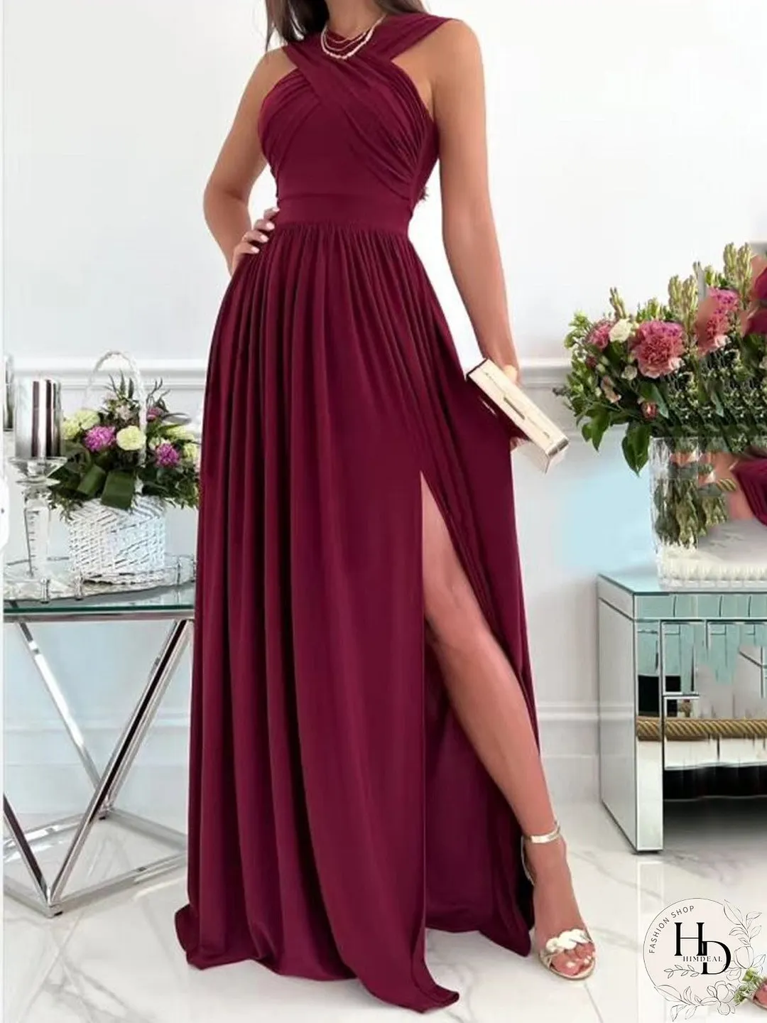 Dresses Halterneck Open Back Sleeveless Slit Dress for Women