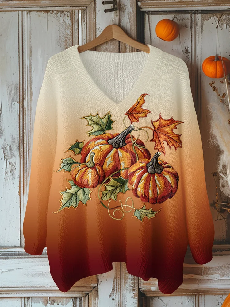 Fall Harvest Pumpkin Art Print V-Neck Sweater