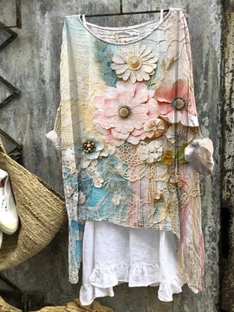 Vintage Floral Linen Blend Comfort Shirt