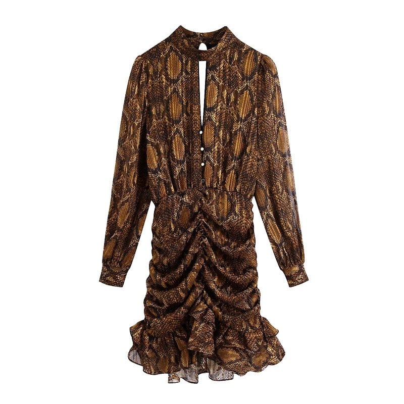 TRAF Women Chic Fashion Snake Print Ruffled Mini Dress Vintage High Neck Elastic Waist Female Dresses Vestidos Mujer