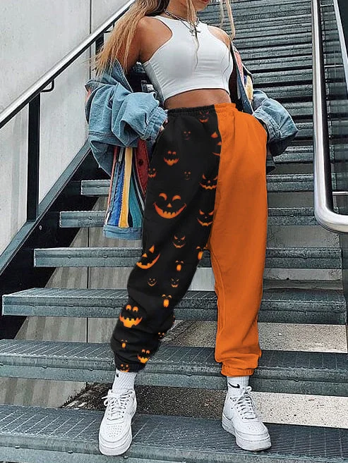 Halloween personalized print color-blocking loose trousers