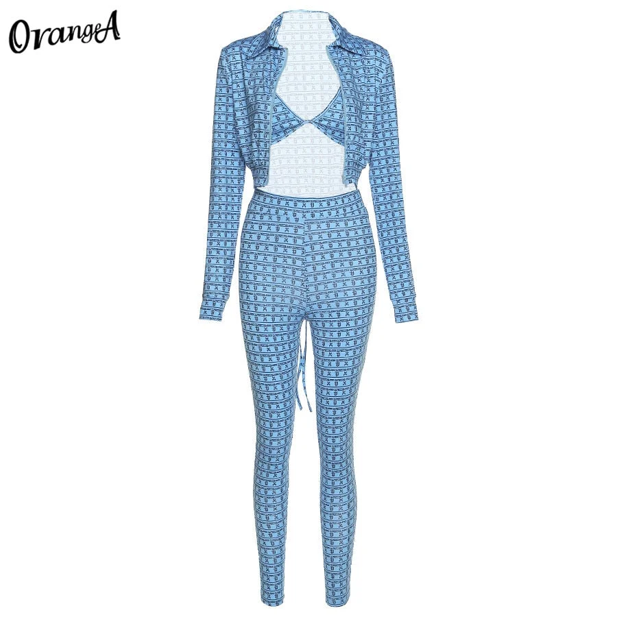 OrangeA Summer Women Plaid Print 3 Piece Set Coat+Bra+ Sporty Leggings Matching Set Stretchy Activewear Skinny Birthday Outfits