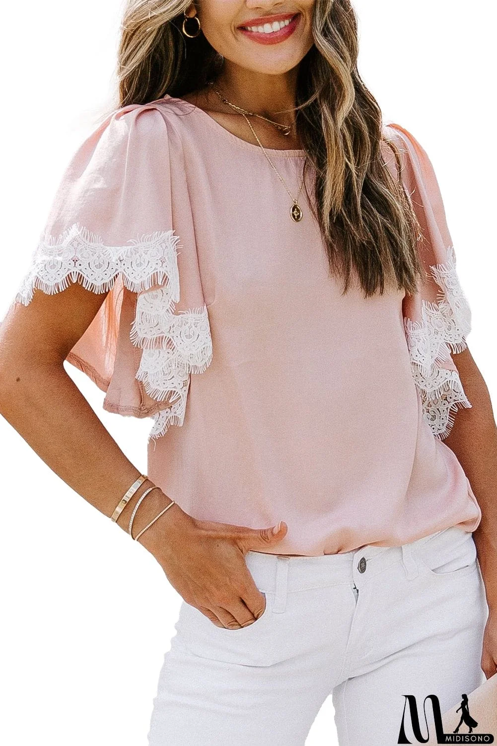 MidiSono - Satin Lace Flutter Sleeve Top