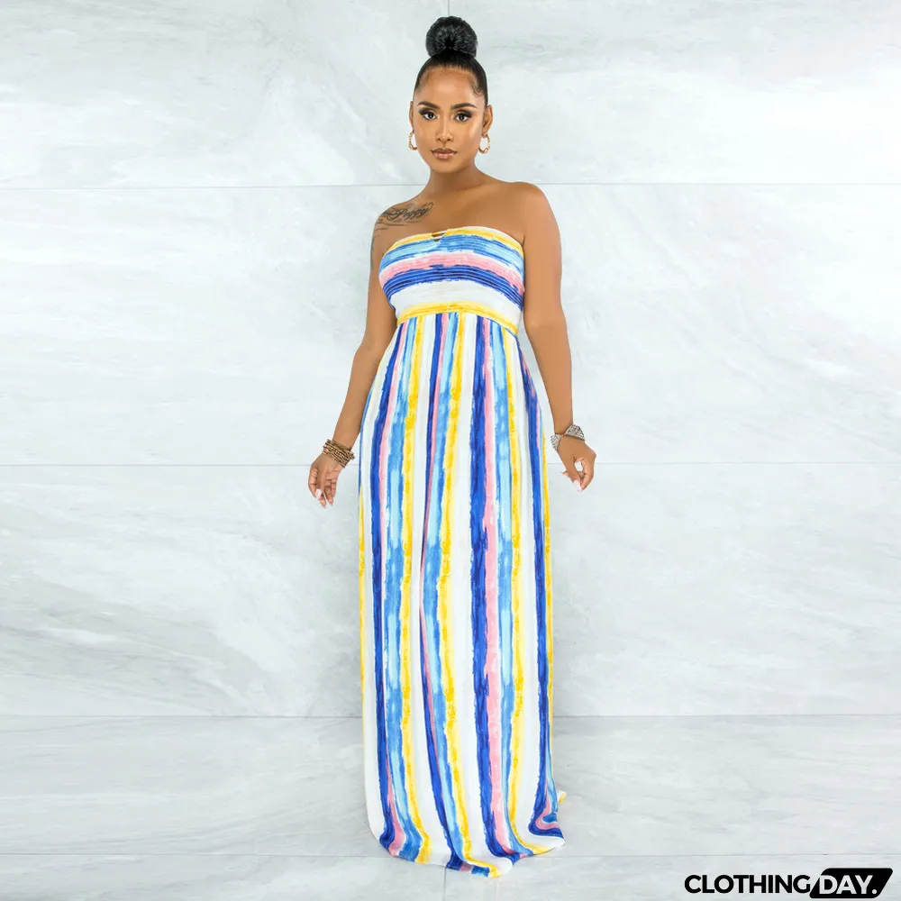 Sexy Printed Off Shoulder Strapless Maxi Dress