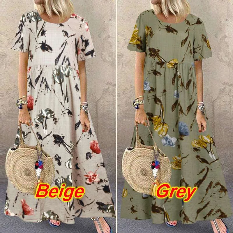 ZANZEA Summer Maxi Dress Women's Bohemian Printed Sundress Casual Short Sleeve Vestidos Female Party Beach Dresses Baggy Femme