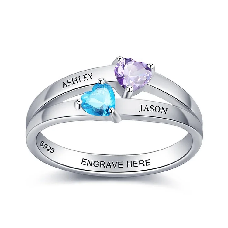 Mother Ring with 2 Heart Birthstones Engraved 2 Names Promise Ring Personalized Couple Ring