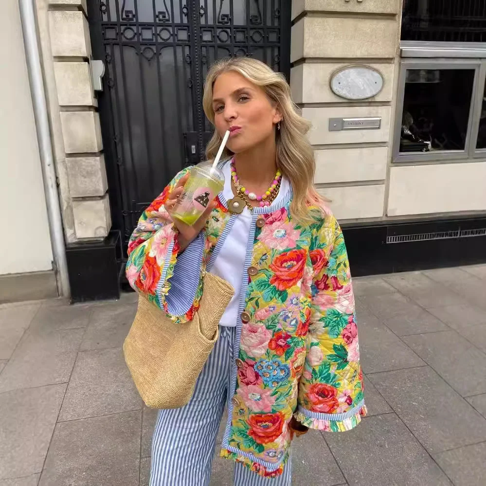 Woherb Women's Wear 2024 Autumn Floral Print Loose Quilted Cotton Padded Coat Women's Jacket-Outfit Ideas