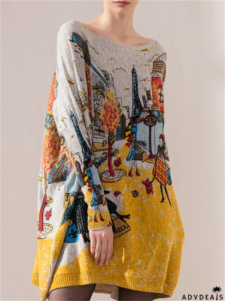 Autumn Winter  Large Size Knitting Pullover Printed Graffiti Women's Dresses