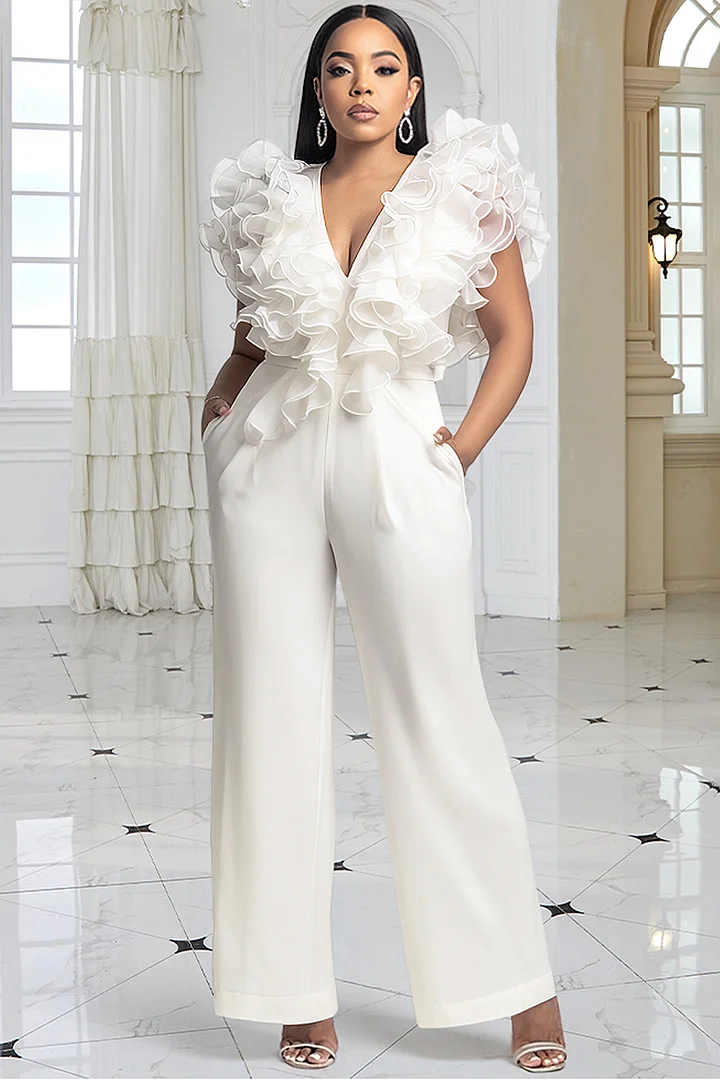 Xpluswear Design Plus Size Formal White V Neck Flutter Sleeve Ruffle Pocket Tulle Jumpsuits 2024 - Xpluswear