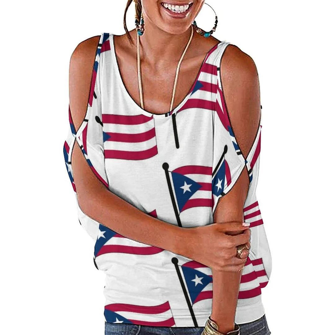 Puerto Rico Flag Cold Shoulder Blouse Tops Loose O-Neck Short Sleeve Tee Shirts Summer Tunic