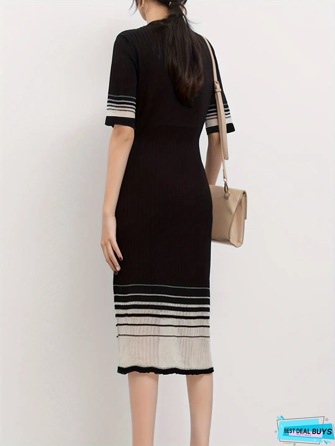 Contrast Mesh Ribbed Dress, Elegant Short Sleeve Dress For Spring & Summer, Women's Clothing