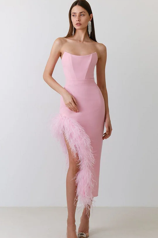 Ailani Pink Feather Trim One Shoulder Mini Dress