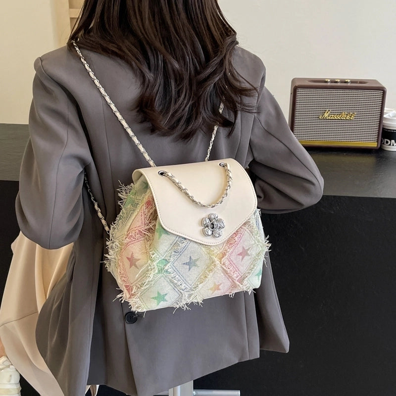 Women’s Medium Cloth Color Block Star Classic Style Streetwear Sewing Thread Square Flip Cover Fashion Backpack