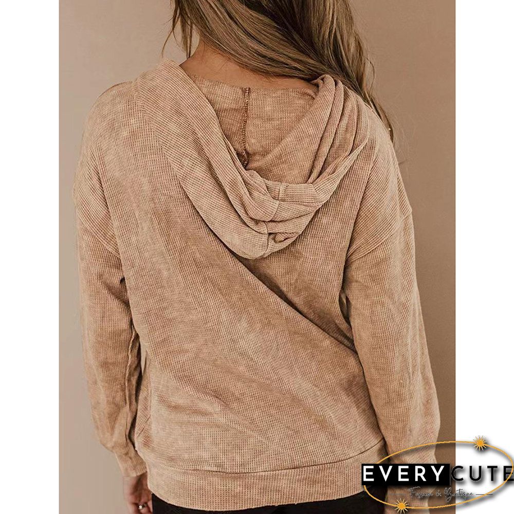 Khaki Waffle Drawstring Kangroo Hoodie