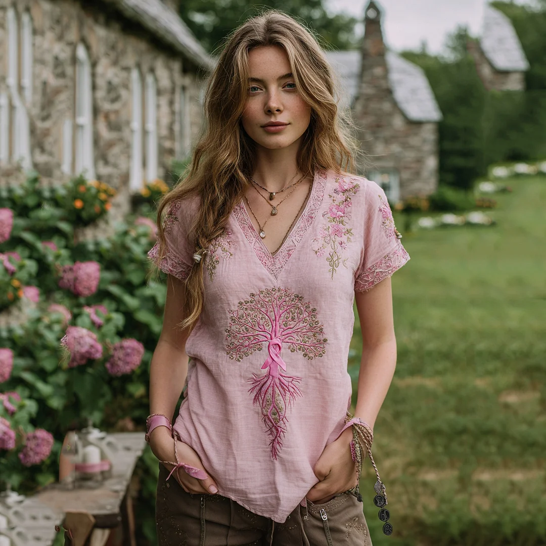 Women's Tree Of Life Breast Cancer Ribbon T-shirt
