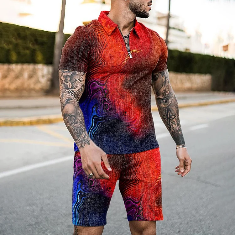 BrosWear Gradient Red Print Polo Shirt And Shorts Co-Ord