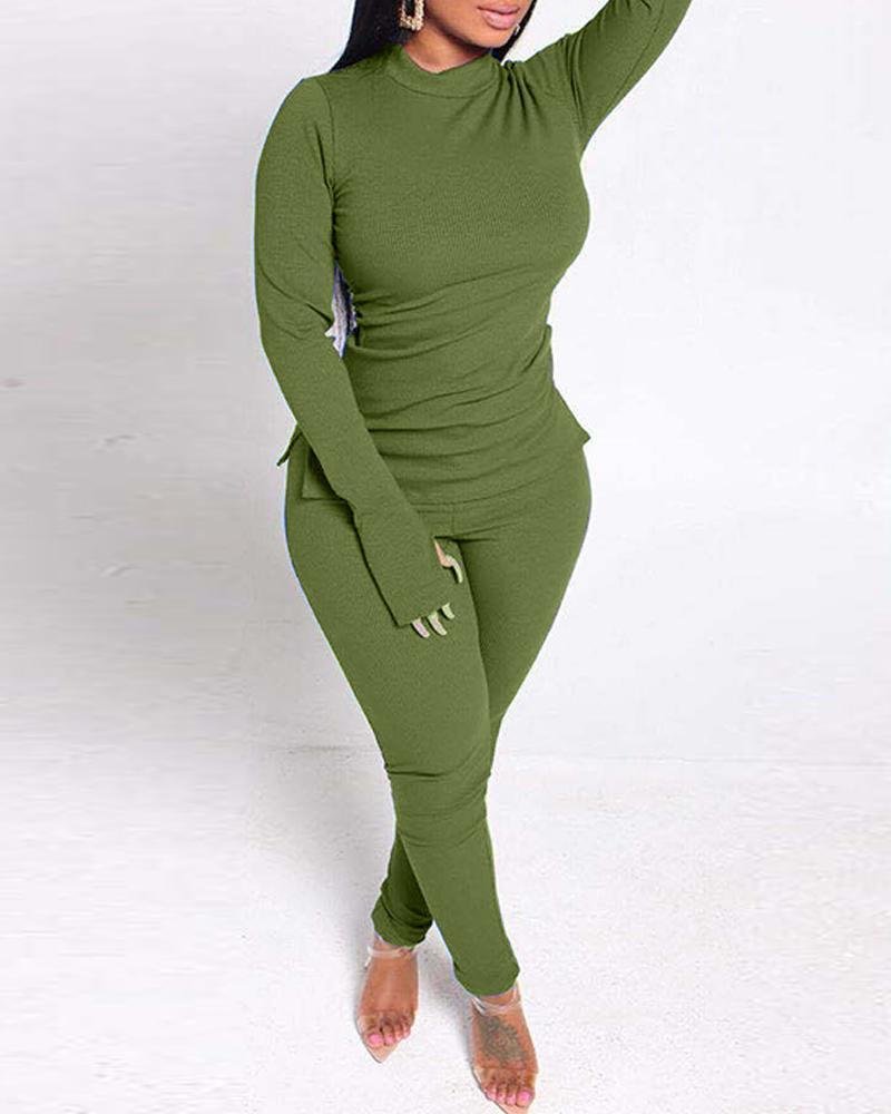 Solid Thumb Hole High Neck Top & Pants Set