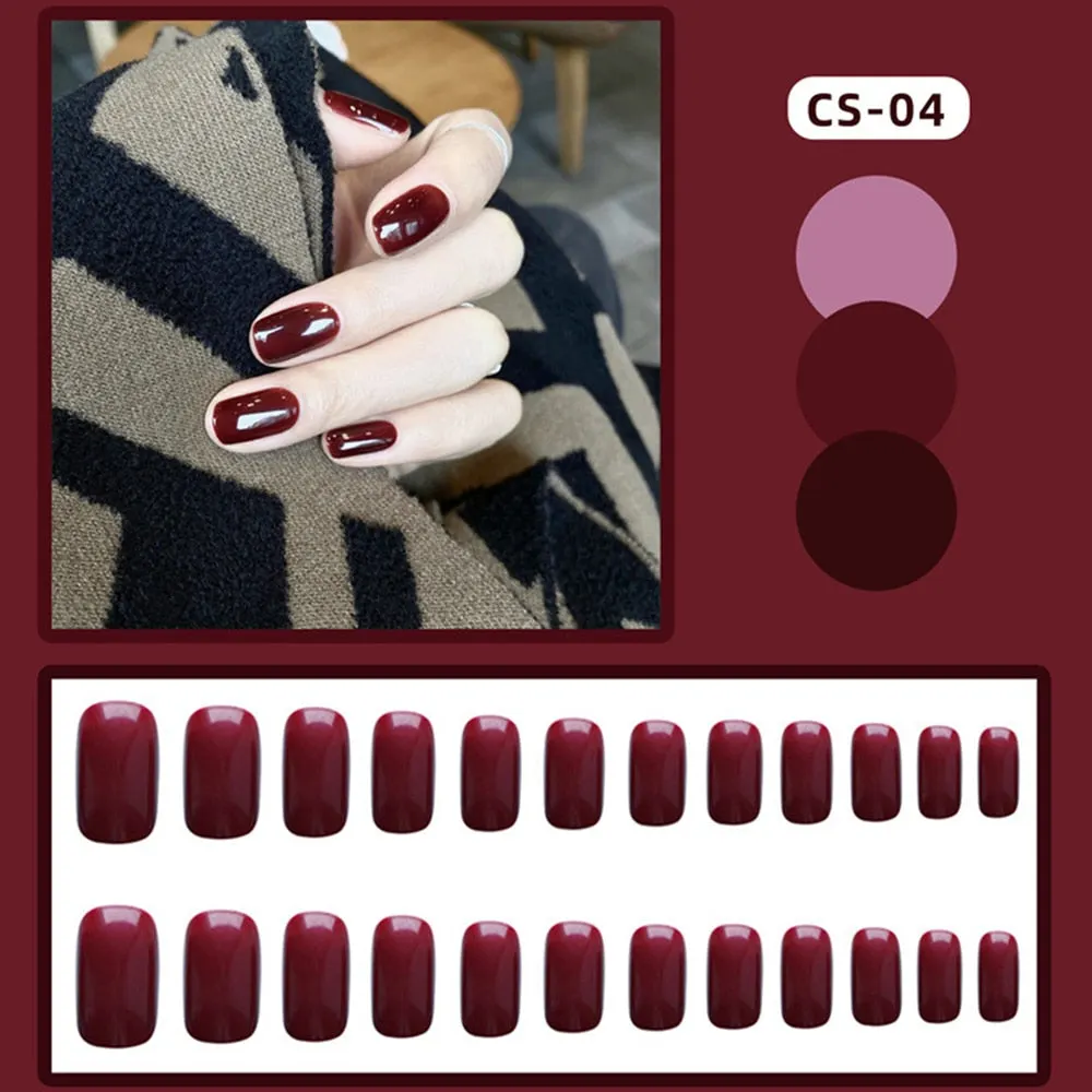 24pcs/Set Gorgeous Wine Red False Nails With Glue Middle Long Round Head Full Nail Tips Finished Fake Nail artificial nails-Nail Inspo