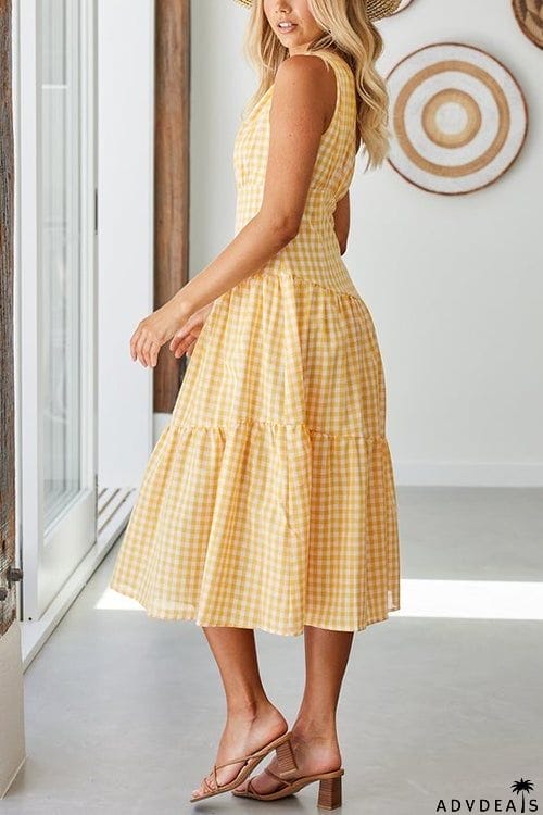 Plaid One Shoulder Layer Midi Dress