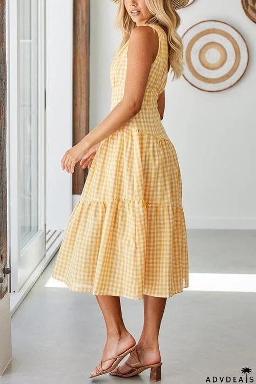 Plaid One Shoulder Layer Midi Dress