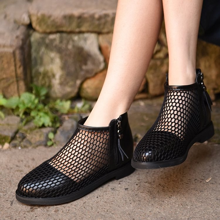 Black Summer Boots Round Toe Net Flat Fashion Short Boots |FSJ Shoes