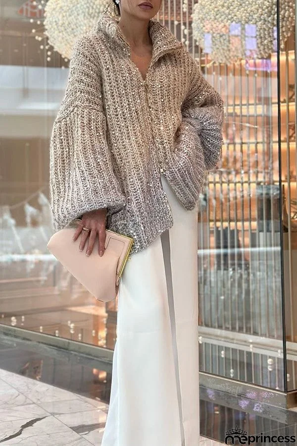 Warm Shining Heart Knit Sequin Balloon Sleeve Zipper Neck Loose Cardigan