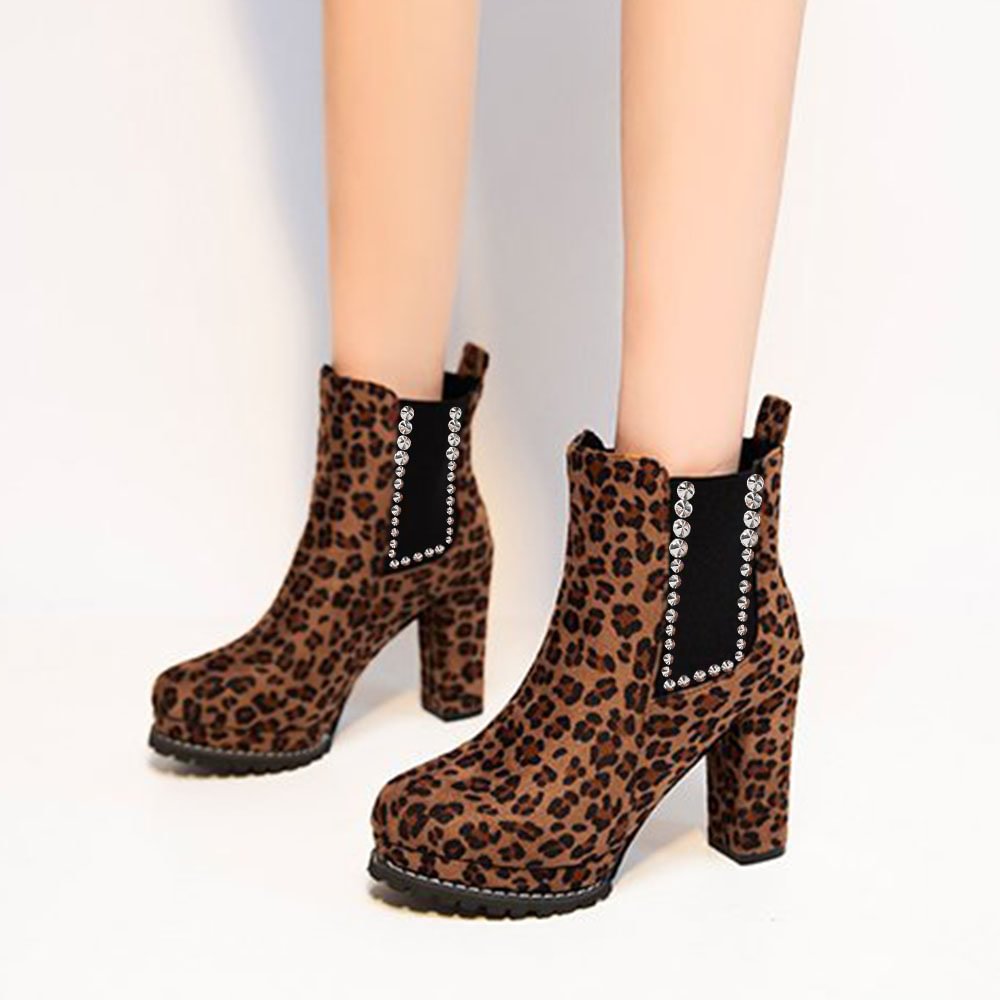 Leopard Platform Boots Rhinestone DecorChunky Heel Boots Nicepairs