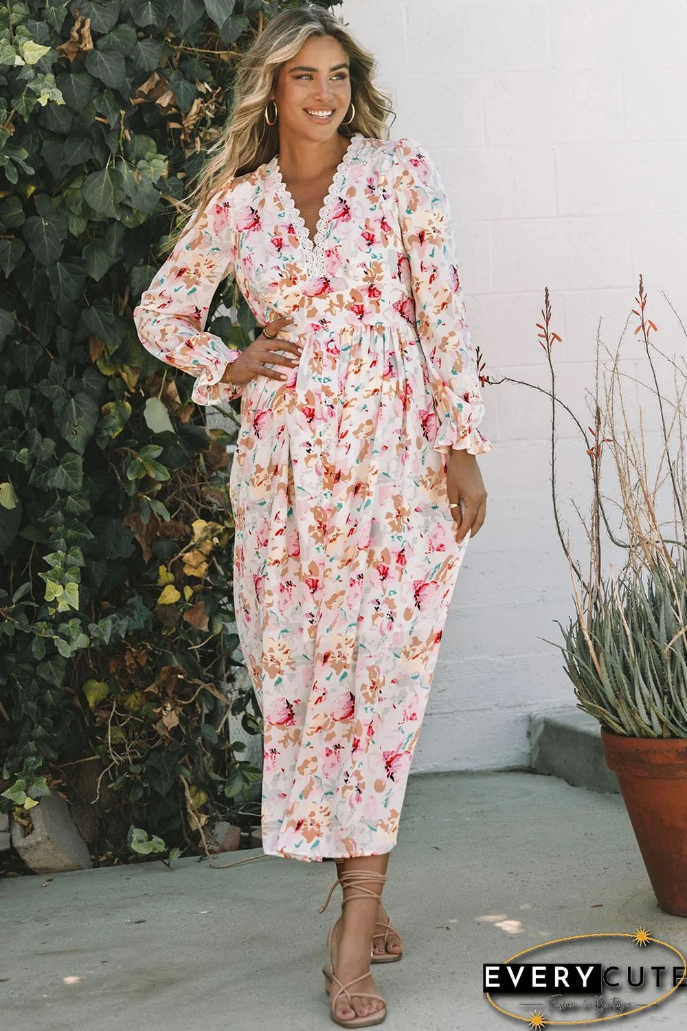 Pink Lace Patchwork Cut Out Back Floral Maxi Dress