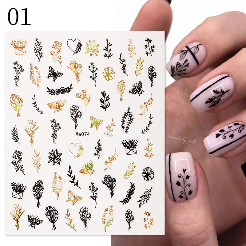 1 Pc White Gold Laser Leaves 3D Nail Stickers Leaf Cute Spring Sliders for Nails Flowers Adhesive Sticker Nail Art Design Decal-Nail Inspo