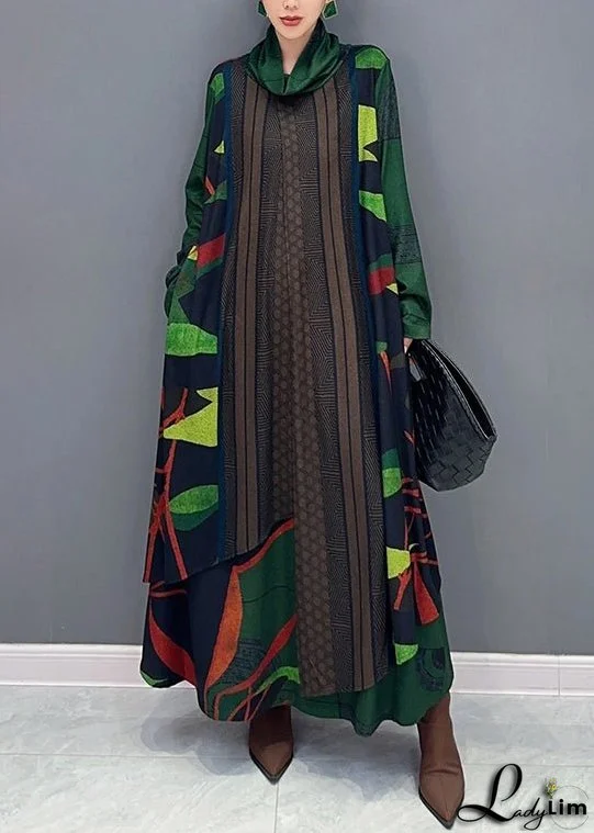 French Green Asymmetrical Print False Two Pieces Cotton Dresses Fall