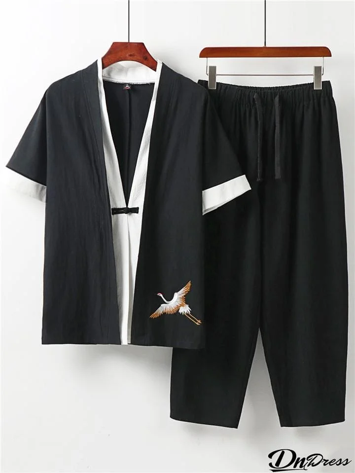 Comfy Embroidery Linen 2-Piece Contrast Color Shirt + Drawstring Full-Length Pants