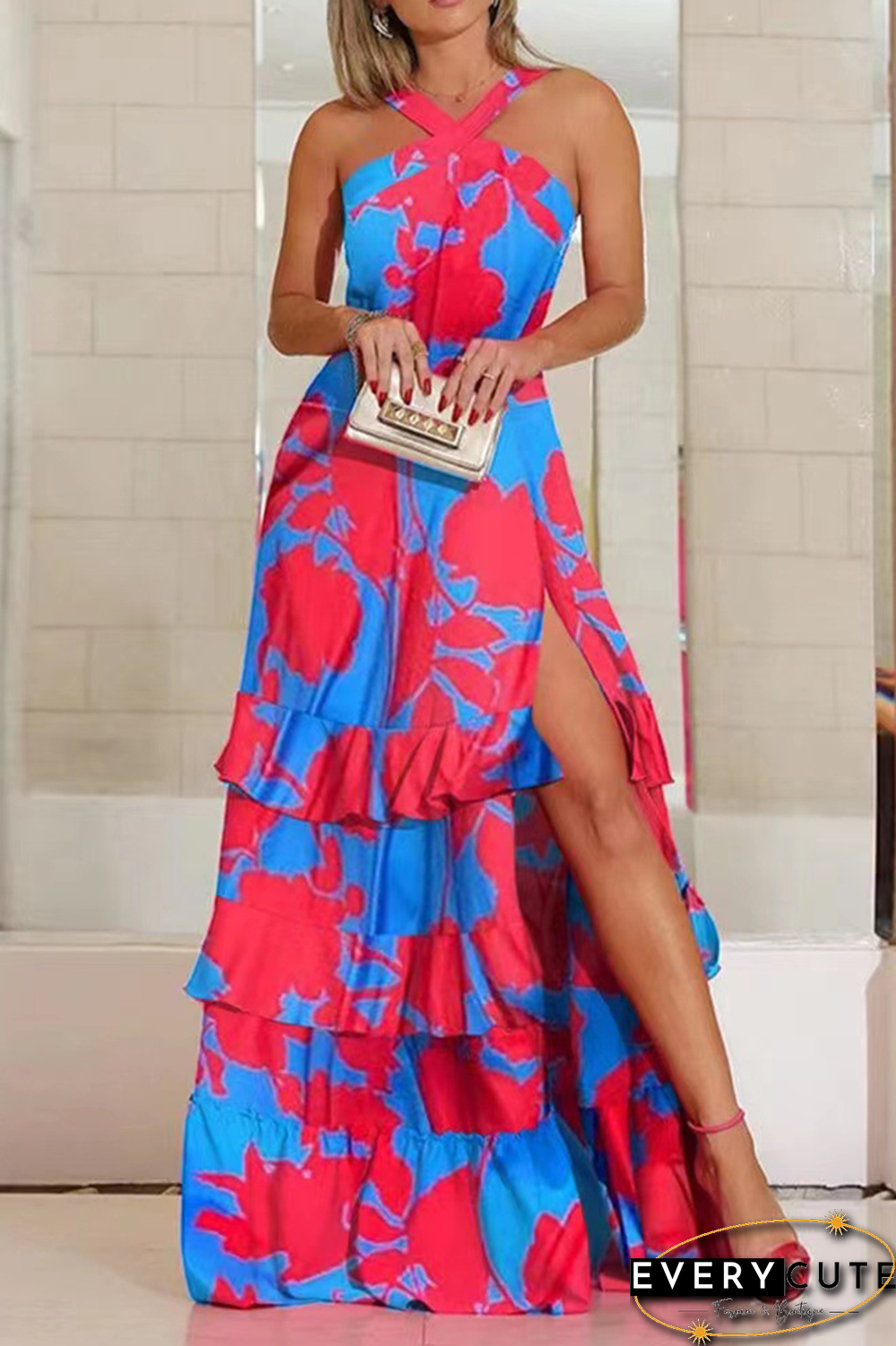 Fashion Print Slit Halter Cake Skirt Dresses