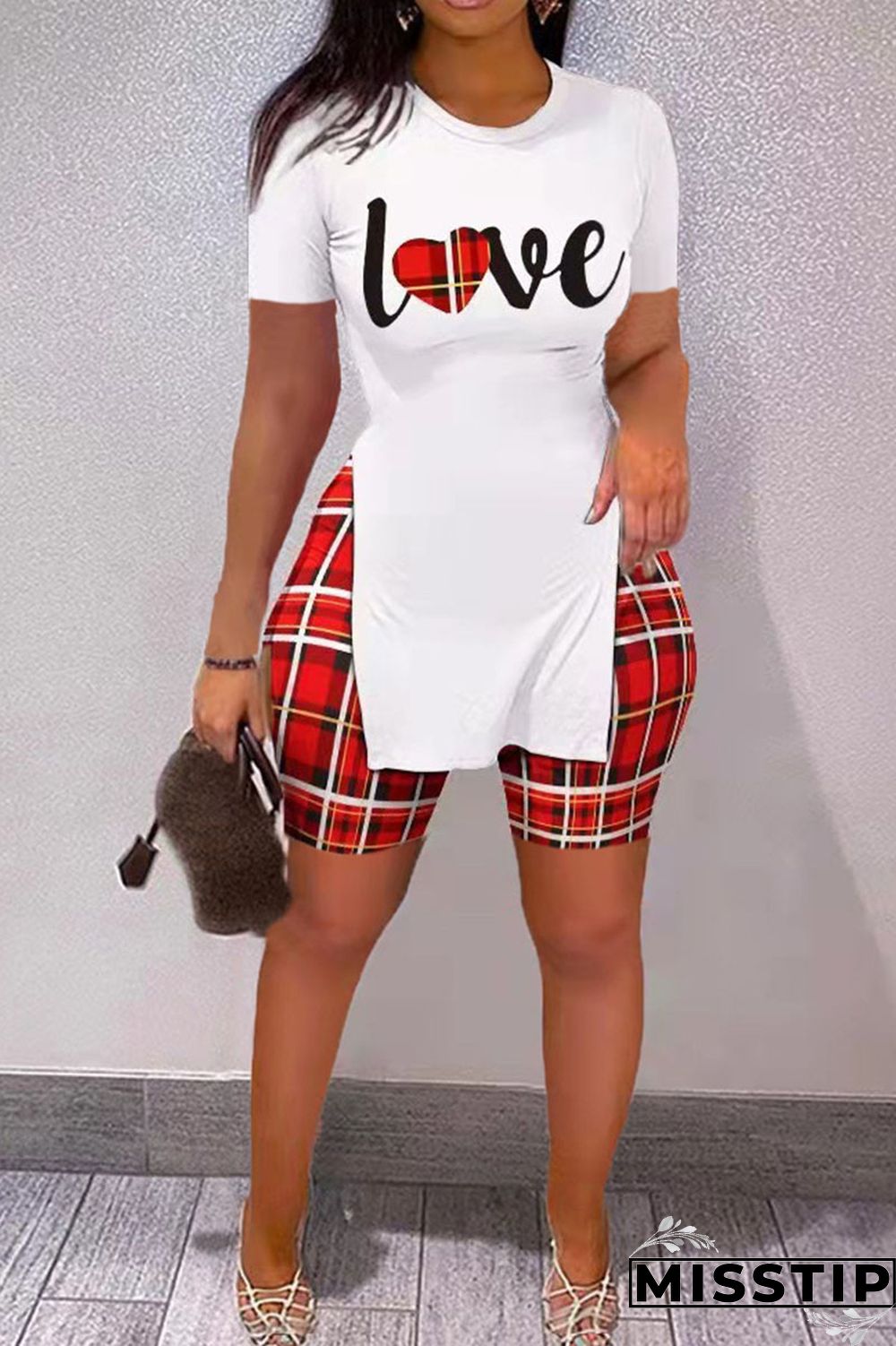 Red Casual Print Patchwork Slit O Neck Short Sleeve Two Pieces