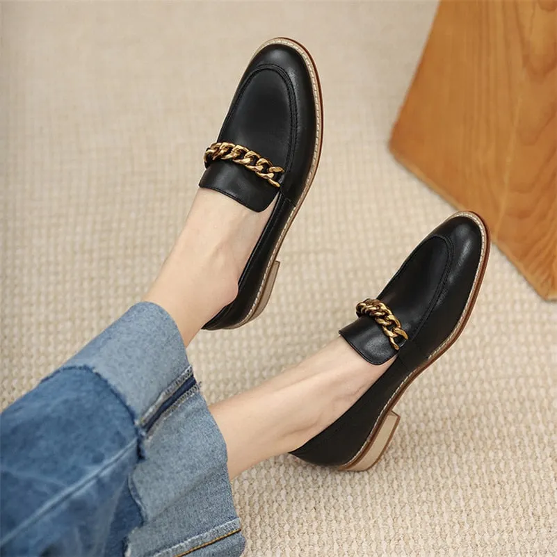Meotina Genuine Leather Loafers Shoes Women Low Heels Chain Chunky Heel Pumps Round Toe Slip On Female Footwear Spring Apricot