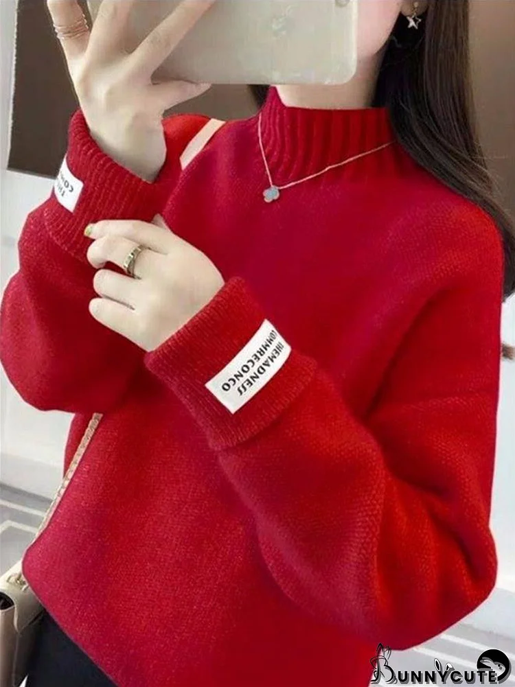 Women's Long Sleeve Scoop Neck Letter Knit Seawter Tops