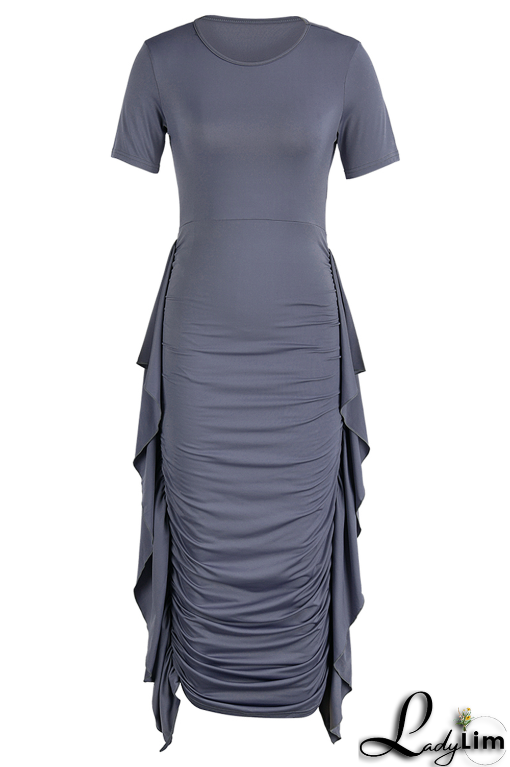 Yellow Fashion Solid Flounce Fold O Neck Pencil Skirt Dresses