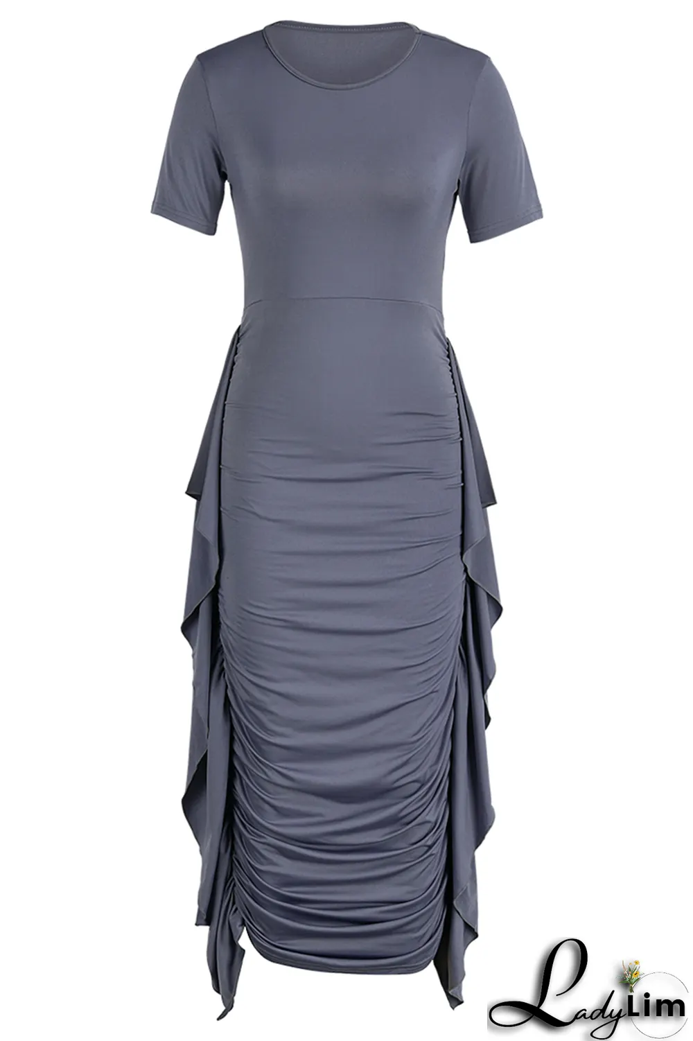 Yellow Fashion Solid Flounce Fold O Neck Pencil Skirt Dresses