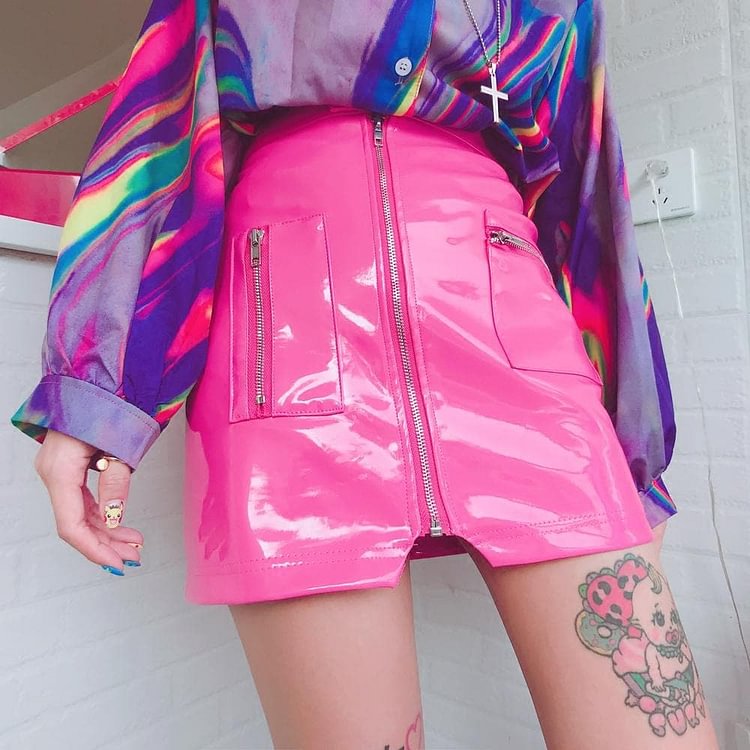 Hot Pink Reflective PU Zipper Skirt SP13997