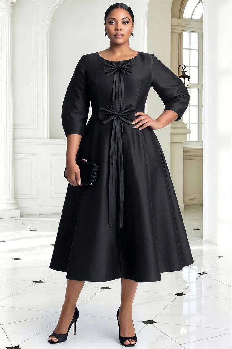 Xpluswear Design Plus Size Churchs Black Round Neck 3/4 Sleeve Bow Tie Pocket Satin Midi Dresses [Pre-Order] 2024 - Xpluswear