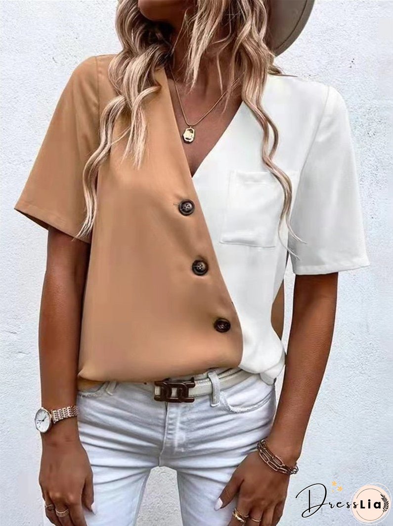 V-neck Chiffon Fashion Contrast Color Short-sleeved Shirt Top