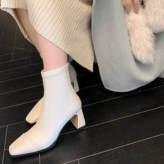 Yyvonne Women's Shoes Square Head Short Boots 2025 New Winter Korean Version Of High Heel And Thick Zipper Fashion Martin Boots