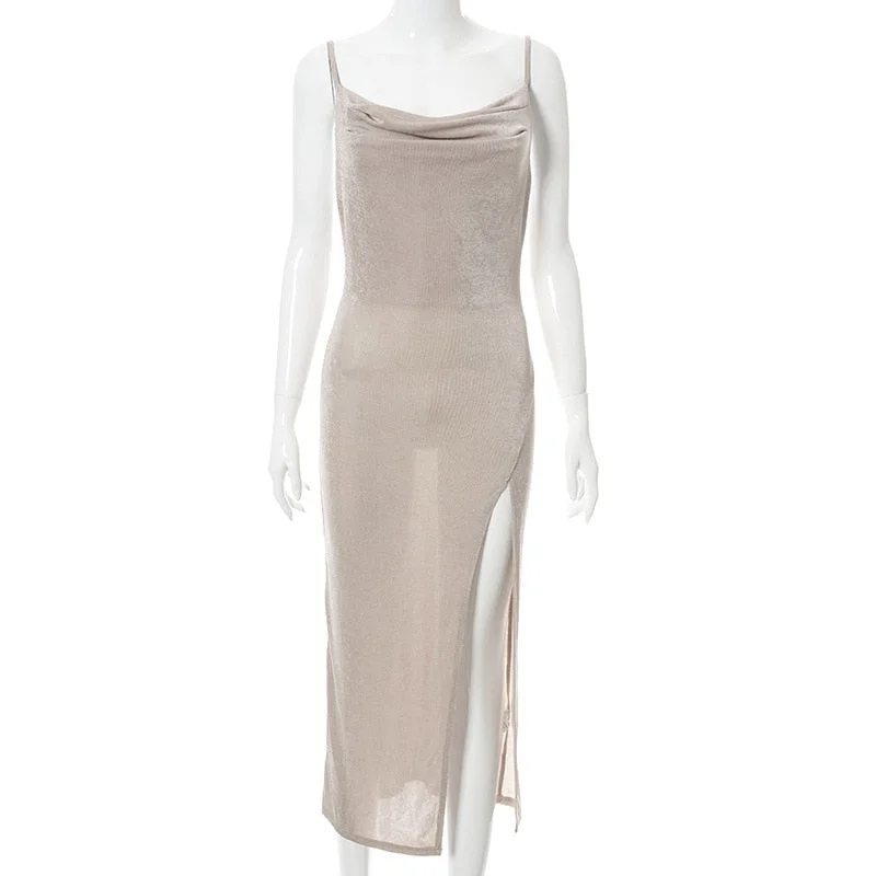 2022 Summer Hot Sexy Solid Spaghetti Strap Backless Midi Dress Casual Evening Party Sexy V-Neck Split Folds Dresses