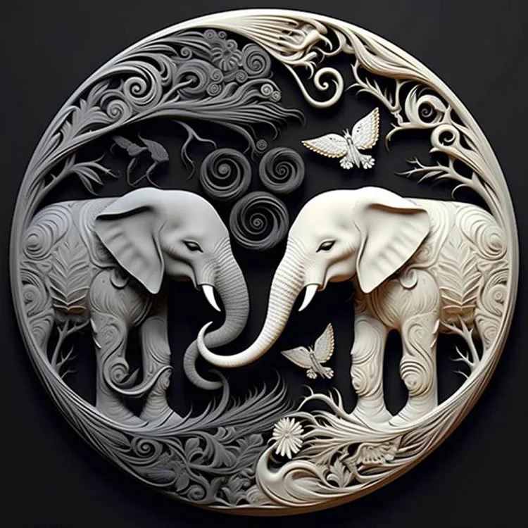 Black And White Elephant Relief Illustration 30*30CM (Canvas) Full Round Drill Diamond Painting gbfke