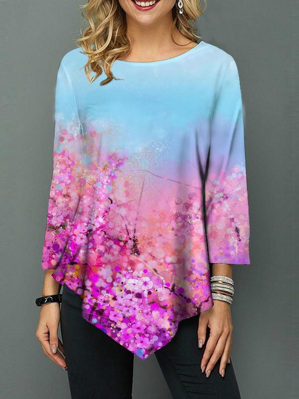 Women Long Sleeve Scoop Neck Floral Printed Graphic Top