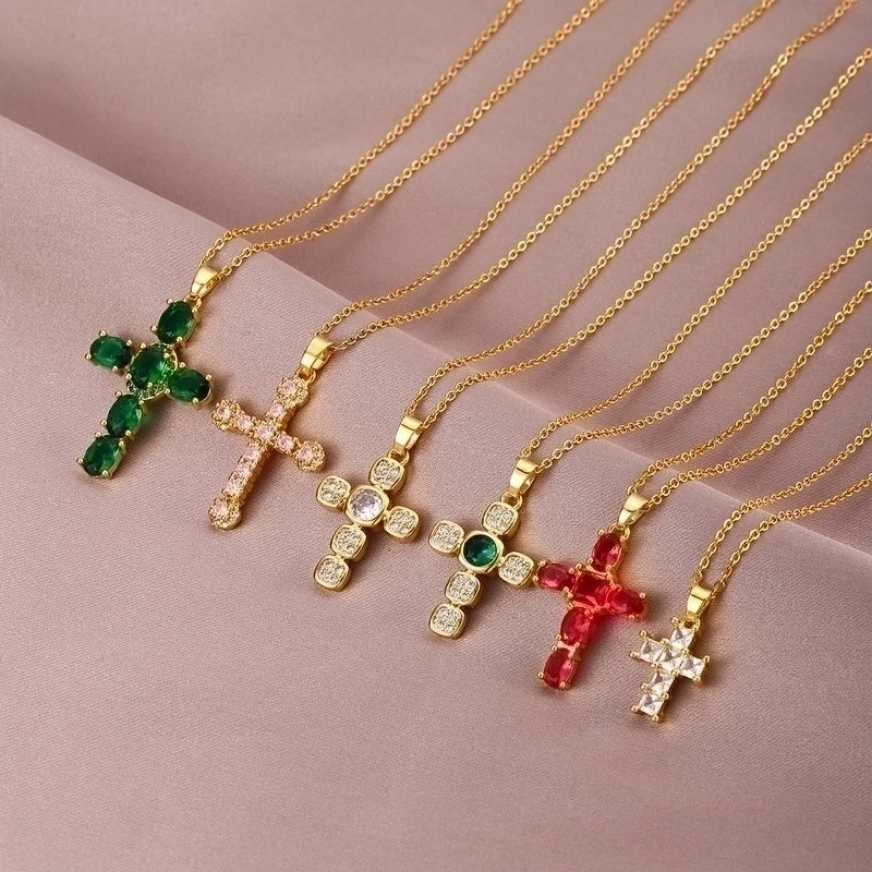 2 Pieces Ethnic Style Cross Stainless Steel Inlay Zircon Pendant Necklace