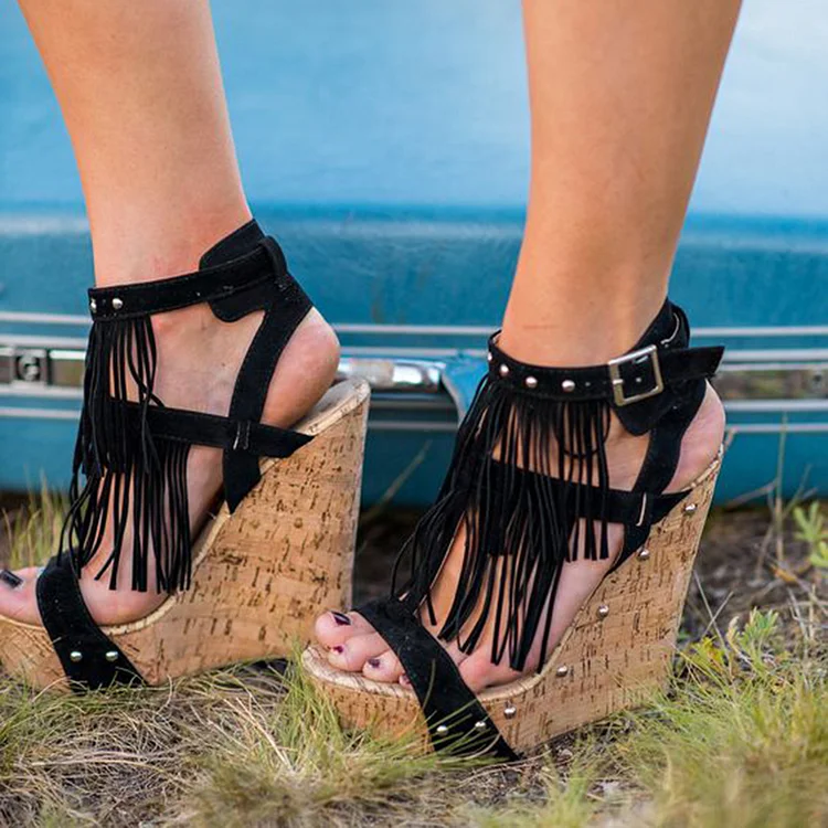 Black Open Toe Fringe Sandals Women'S Platform Wedge Shoes Vintage Studs Heels |FSJ Shoes
