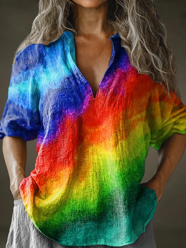 Women's Rainbow Abstract Art Pattern Print Long Sleeve Comfortable Cotton And Linen Shirt